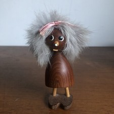 Vintage Teak Gonk Troll Girl Figure Fluffy Fur Hair Danish 60s 70s MCM