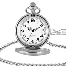 Antique Mens Silver Smooth Quartz Pocket Watch Full Hunter Neckalce Chain Gifts