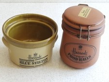 2 x Harrods Blue Stilton Cheese Jars Lidded Pots - Vintage