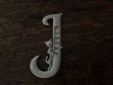 Vintage Signed JJ Jonette Jewellery cat and diamantee letter "J” pewter brooch