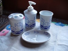 Vintage Bathroom Accessories (4) Blue/White 1980's Fish Design