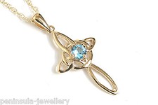 9ct Gold Blue Topaz Celtic Cross Pendant and Chain Gift Boxed Made in UK 