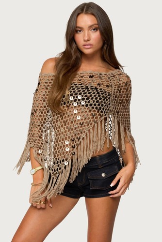 Fringe sequin crochet poncho - fringe,