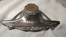 Antique Art Deco Ink Well With Pen Rest. Mont St.Michel Brass Button On Lid