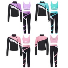 Girls Figure Ice Skating Outfits Zipper Jacket Crop Top And Athletic Leggings