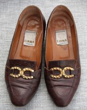 Liana Brown Leather Block Heel flat shoes size 4 (37) gold embellishment
