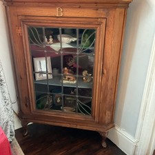 Large Antique Corner Cupboard Stain Glass Leaded Green Glazed house clearance 