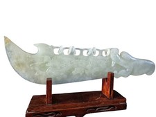 Carved Jade 6 Ring Dragon Dagger On A Stand