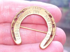 Unusual 1916 Antique Engraved Lucky Horse Shoe Horseshoe Gold Brooch Pin