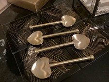 vintage, brass tea, dessert spoons, set of 4, heart shape, rare find