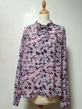 Lily and Lionel blouse XL black and pastel colours floral viscose, tie neck