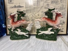 Pair 19th Century Victorian Staffordshire Deer & Hound Dog Spill Vases Antique