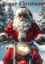BIKER SANTA CHRISTMAS CARD FATHER CHRISTMAS RIDING AN AMERICAN STYLE MOTORBIKE