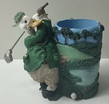 Vintage Resin Hand Painted “Golfing Duck” Desktop Pen Holder, Golfer Gift Idea 