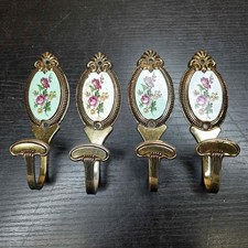 Vintage Brass Wall Coat Hooks Floral Insets Antique Style Decor Mid Century x4