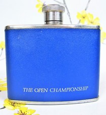 GOLF POCKET HIP FLASK. The Open Championship. Blue leather & stainless steel.