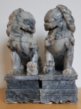 Lion dragon dog pair carved stone book ends, heavy, shades of grey 18x11x7cms