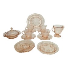 Pink Depression Glass Teacups Saucers Sugar &  Milk Bowl Plate One Cup Chipped