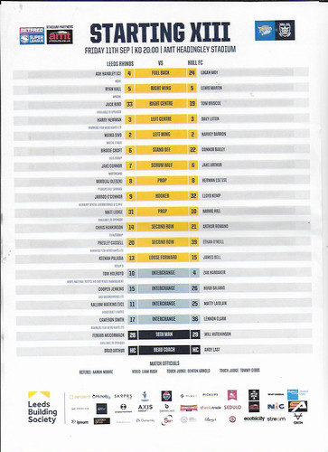 Team sheet leeds rhinos - leeds, v