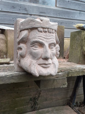 Old Stone Carving, Grotesque Corbel, Kings Head Hand carved In Red Sandstone. 