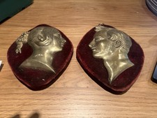 Pair of Antique Brass Portrait Wall Plaques – Man & Woman Profile  Velvet Mounts