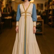 Ultra-Rare 1960s Made-In-California Prairie Maxi Cream-Blue Ric-Rac + Tag