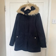 TopShop Navy Corduroy Parka Jacket with Faux Fur Hood Size 8