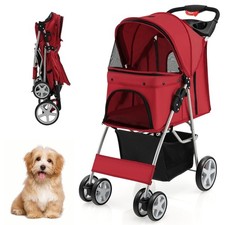 Folding Pet Stroller Portable Pet Travel Pushchair 4 Wheels with Storage Basket