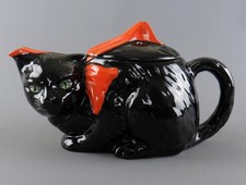 Vintage Art Deco Crown Ducal Black Cat Orange Ribbon Figural Teapot