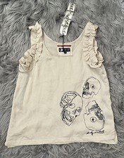 NWT Pepe Jeans Andy Warhol Silk Skulls Tank Top Blouse sz S Ruffle Cream Tan