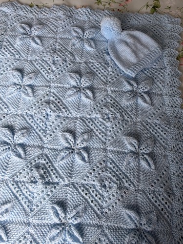 Blue hand knitted baby blanket - baby,
