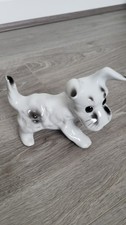 Vintage Ceramic Dog Figurine White Black Glazed Porcelain Puppy Ornament Terrier