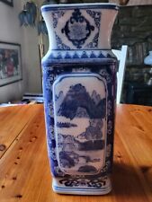 Large Chinese Blue and White Square Shape Vase.  36cm Tall.
