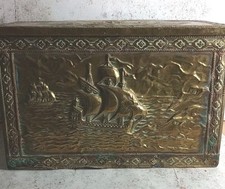 Vintage Embossed Brass and Wood Coal Box 43.5x28x28cm Log Kindling Sailing Ship