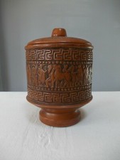 Handmade Vintage Greek Terracotta Footed Pot Urn with Lid Made in Greece