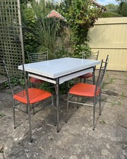 1960’s French Drawer Leaf Formica Table And 4 Orange & Chrome Chairs. Retro.A++