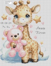 New Baby teddy & giraffe Birth Sampler pink Cross Stitch Chart flowerpower37-uk