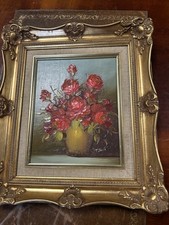 Original Framed oil Painting-Floral Still Life Bouquet Of Red Roses Signed Toma