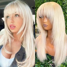 Layered Cut Platinum Blonde Wigs with Bangs 13x4 Lace Front Remy Hair Wigs 20"