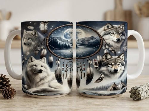 Dream catcher wolf mug 11oz - wolf,