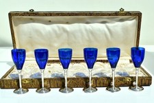 Cased Set x 6 Stunning Solid Silver Stem & Blue Glass Sherry / Liqueur Goblets,