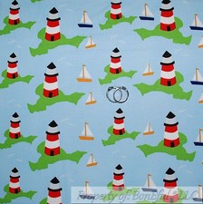 BonEful Fabric FQ Cotton Quilt Blue White Cloud Sailboat Water Island Lighthouse