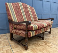 Vintage French Fauteuil Upholstered Bench Settee Provincial Oak Framed
