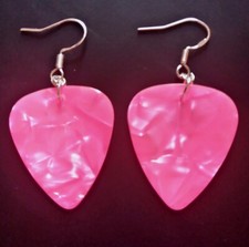 Neon pink *Pearl Shimmer* guitar picks earrings on silver plated earwires