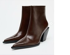 ZARA Brown Leather Cowboy Heel Ankle Boots UK4 RRP £80