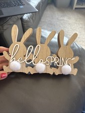 Wooden Spring Plaque With Rabbits And 3-D Cottontails Ornament Sign Plaque