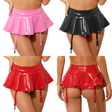 Womens Wet Look Leather Ruffled Pleated Mini Skirt with Garter Belts Rave Party