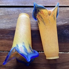 VINTAGE ART DE FRANCE GLASS TULIP LAMPSHADES X 2 , YELLOW, BLUE, RED MOTTLED