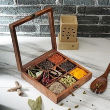 Ajuny Wooden Spice Box 8x8 Inch - Decorative Masala Dabba Organizer with Glass 