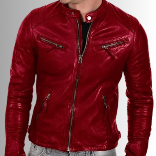 Red men leather biker - leather, jacket